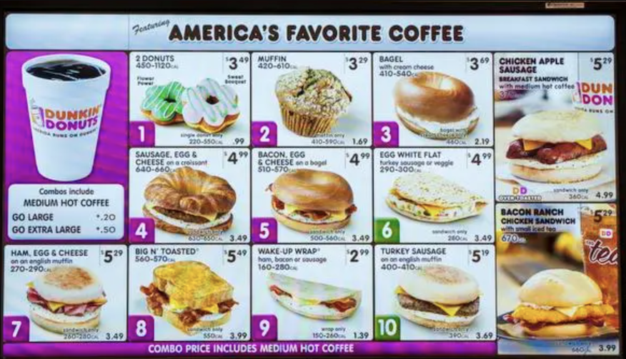 veggie burger - Dunkin Donuts Combos include Medium Hot Coffee Go Large Featuring "America'S Favorite Coffee 2 Donuts 4501120 34 Muffin 420610 32 Bagel 410540 3 Chicken Apple Sausage Breakfast Sandwich 5 caffee Dun Don 1 2 220550 99 Sausage, Egg& Cheese n